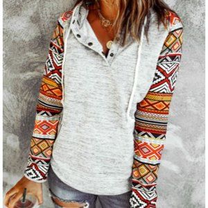 Gray Tribal Print Long Sleeve Button Neckline Drawstring Hoodie